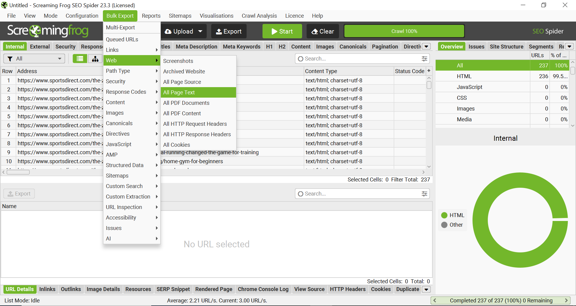 Screaming Frog: Bulk Export → Web → All Page Text
