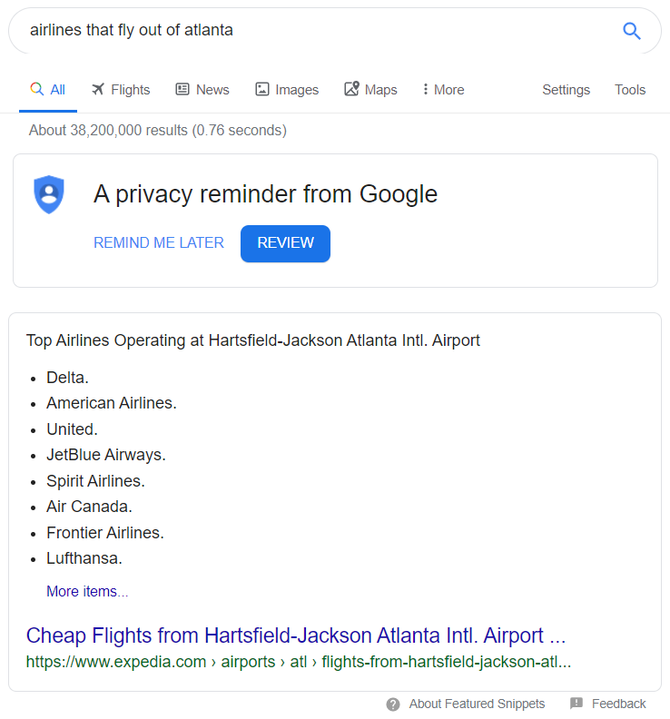 Travel SEO Featured Snippets