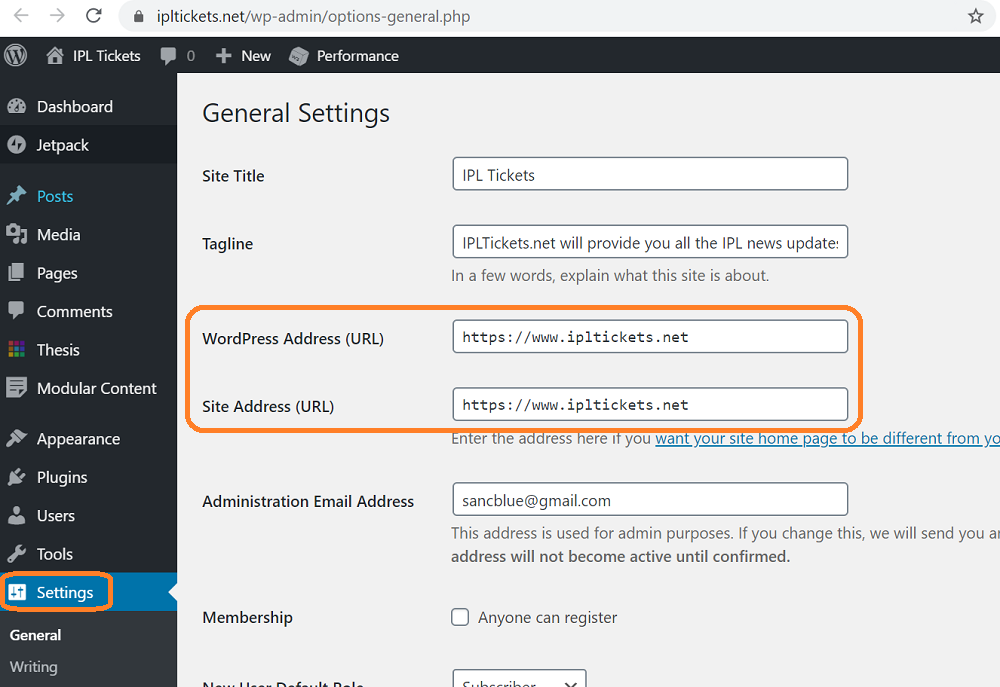 wordpress domain URL settings