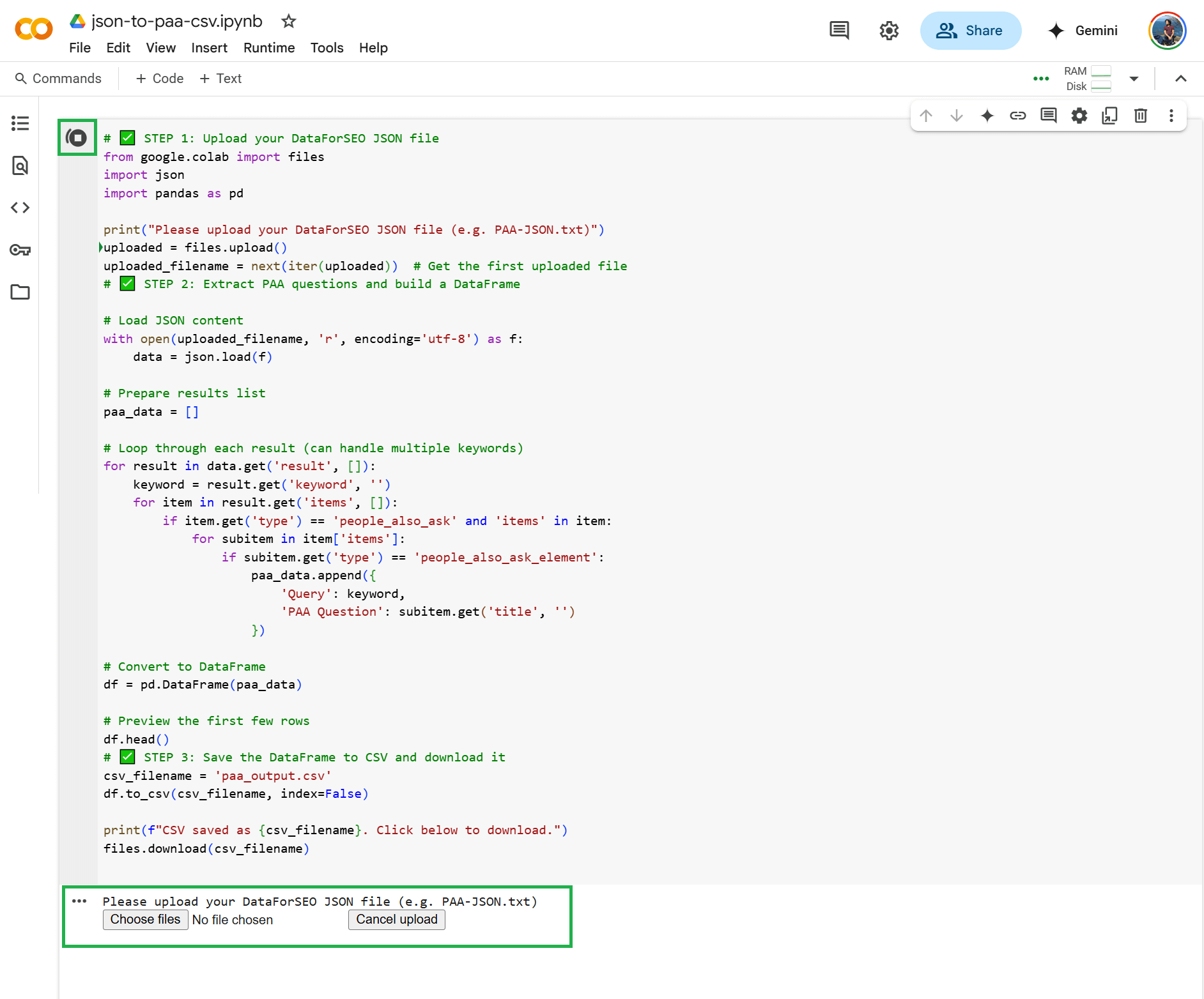 google collab json to csv