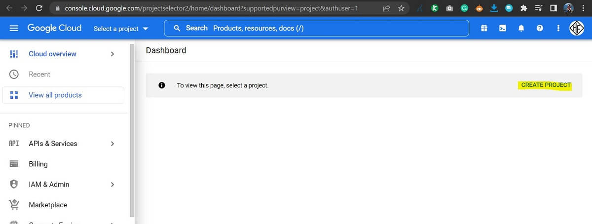 Create new project on Google Cloud