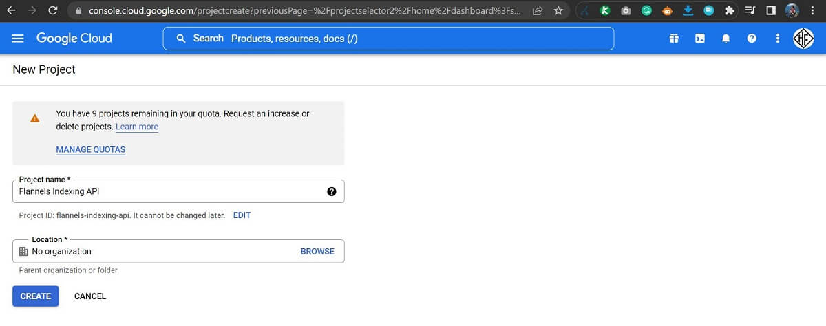 Create New Project Google Indexing API Google Cloud