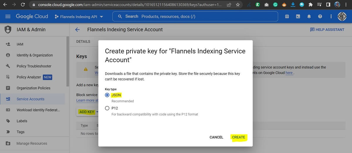 How To Bulk Index URLs To Google 12 Add Key Service Accounts for Project Google Cloud Screen