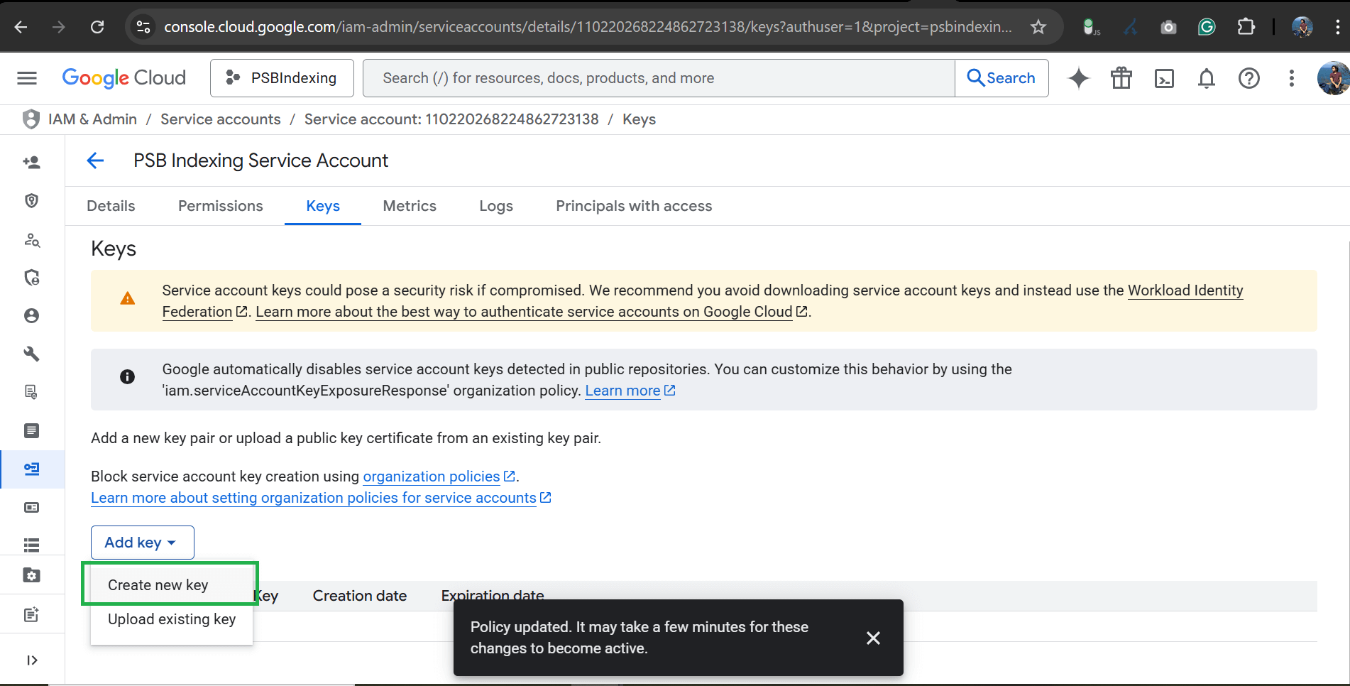 Create a Key for your Service Account