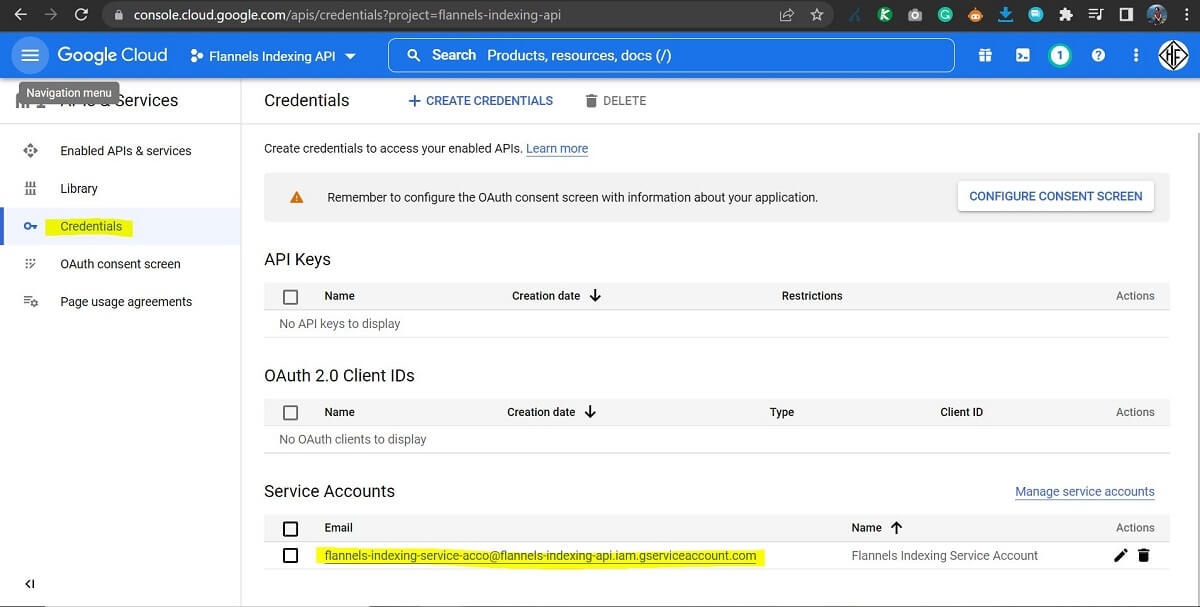 How To Bulk Index URLs To Google 15 Google Cloud Credentials Screen