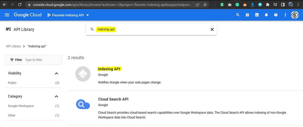 Enable Indexing API Screen Google Cloud