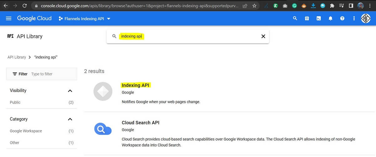 How To Bulk Index URLs To Google 14 Enable Indexing API Screen Google Cloud
