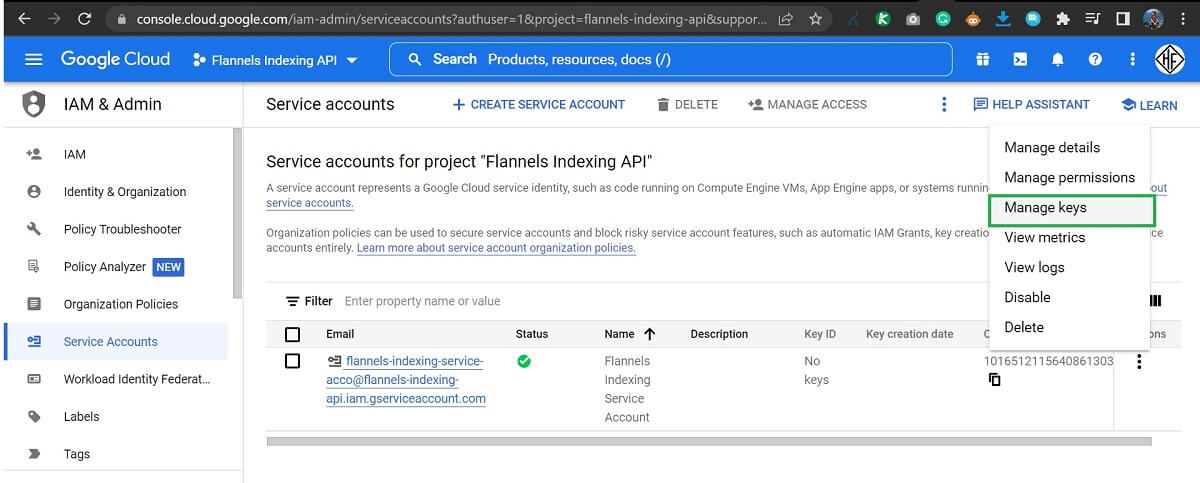 Manage Keys Service Accounts for Project Screen