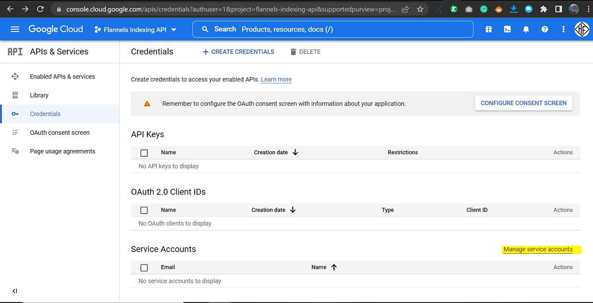 Manage Service Accounts Google APIs Cloud