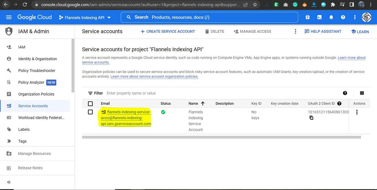 Service Accounts for Project Google Cloud Screen