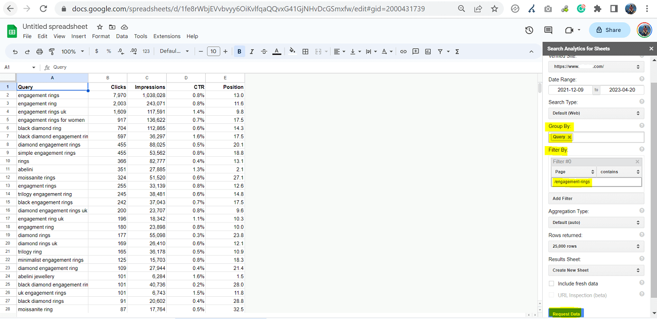 search analytics for sheets add-on steps to request query data