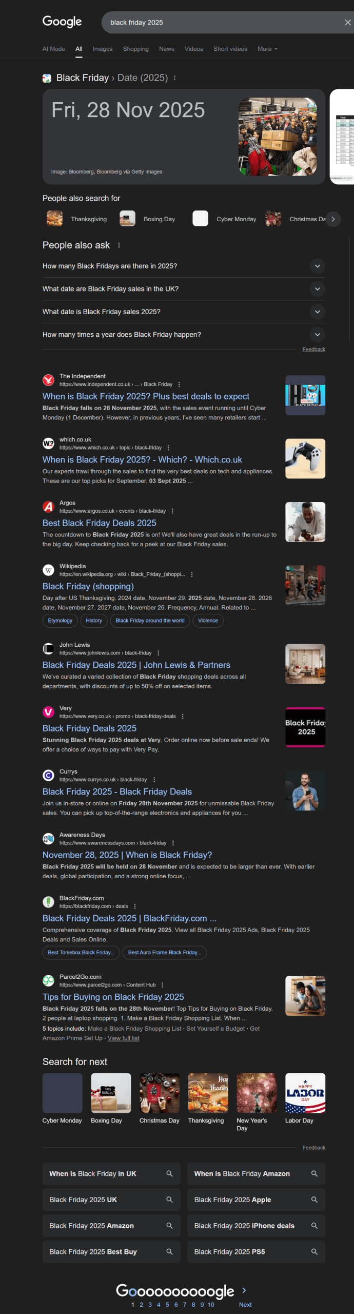 Black Friday Google SERP 2025