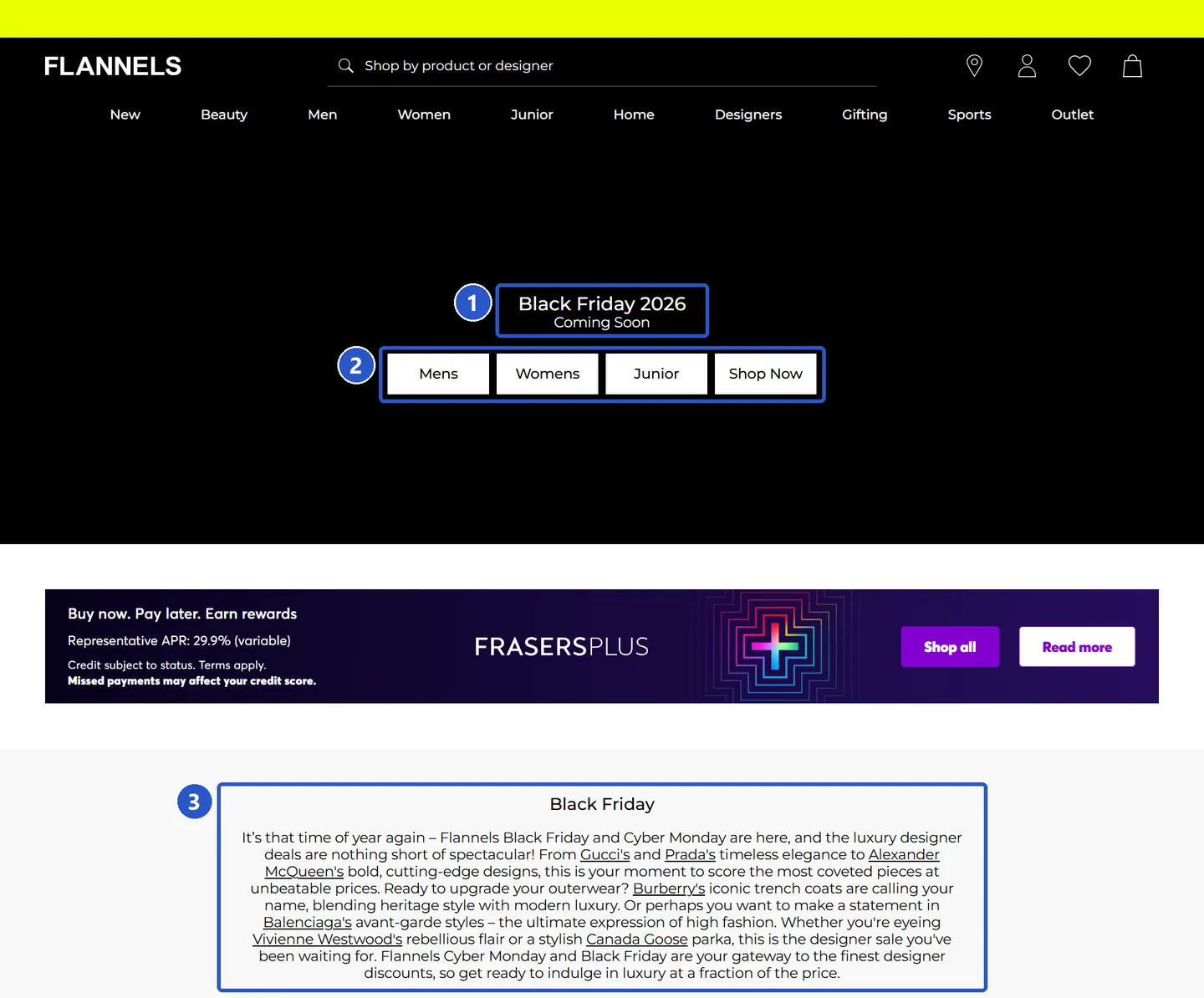 FLANNELS Black Friday 2026 coming-soon page, with the holding message, range links and designer copy highlighted