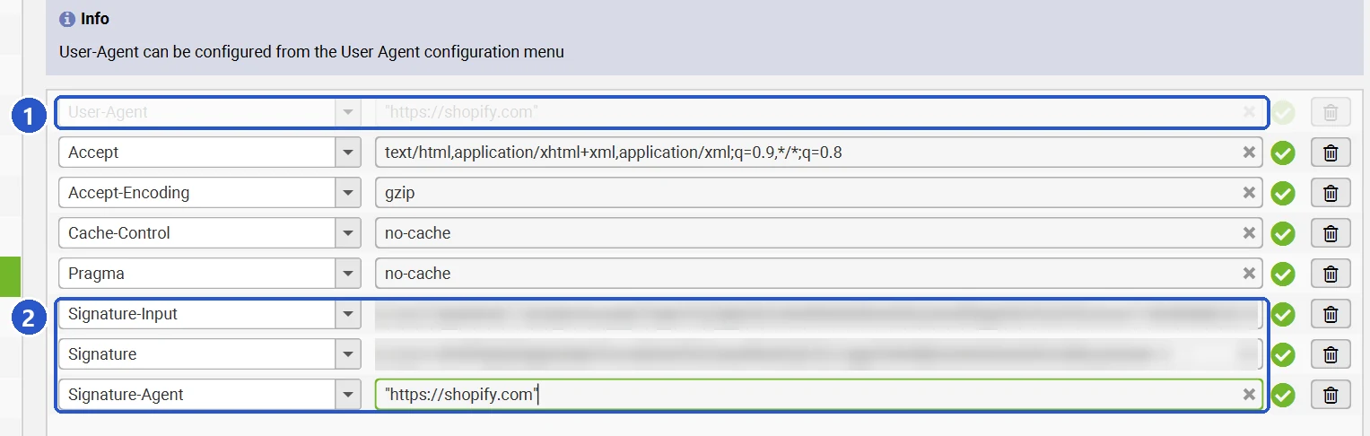 Screaming Frog HTTP Header screen with the three Shopify signature headers added