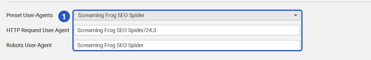 Screaming Frog User-Agent configuration set to the Screaming Frog SEO Spider preset