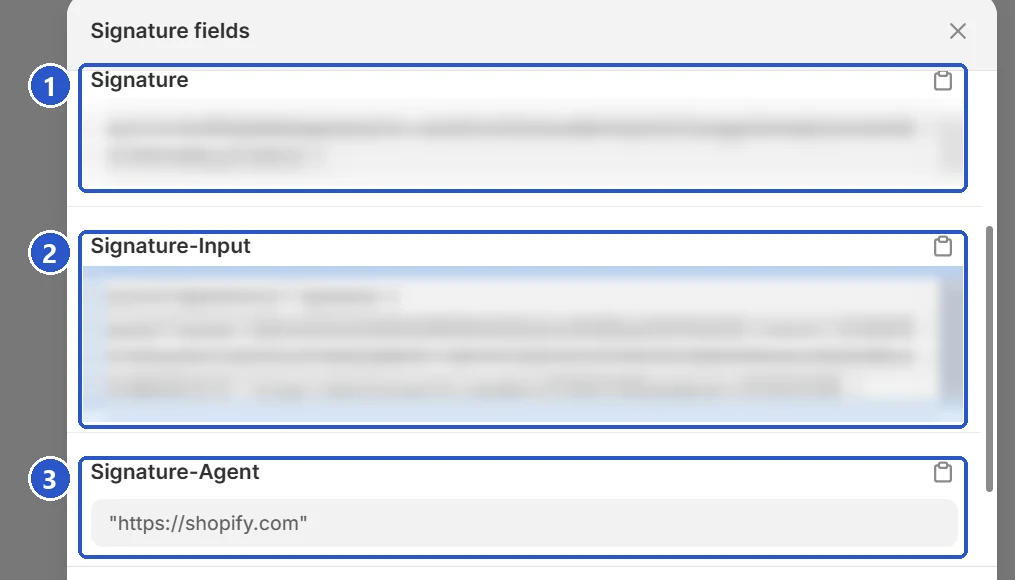 Shopify signature fields panel showing Signature, Signature-Input and Signature-Agent